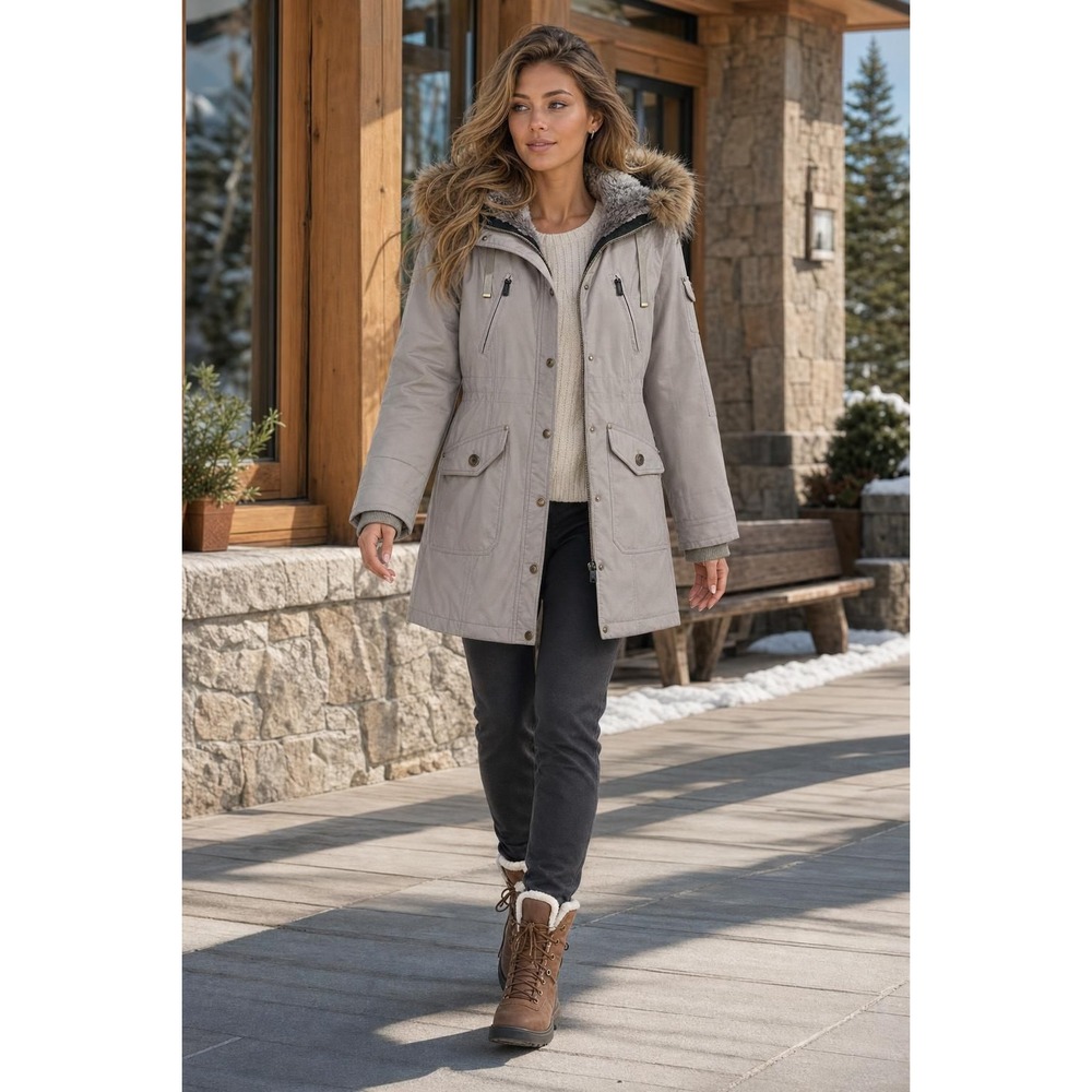 1 Madison Expedition Hooded Parka Coat Women's S Taupe Removable Hood Trim